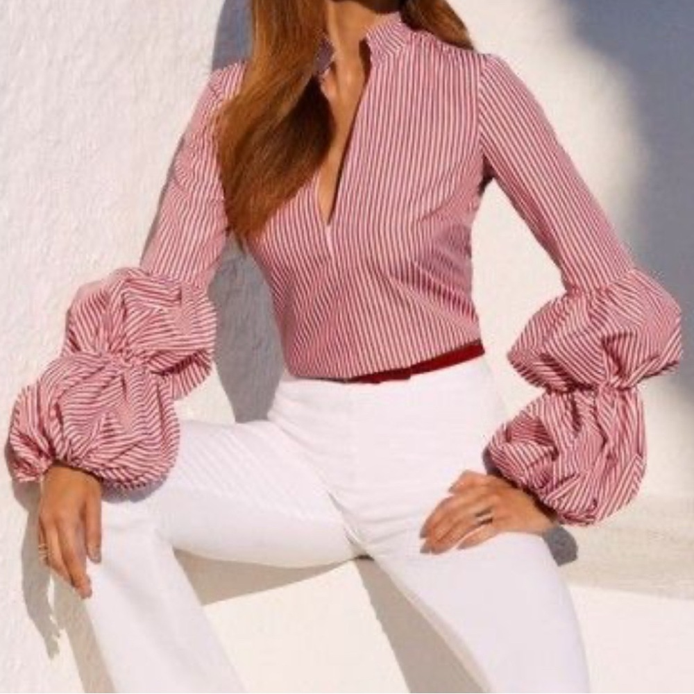 Dabney Charlton New Striped Red and White Women's Top with puff sleeves.